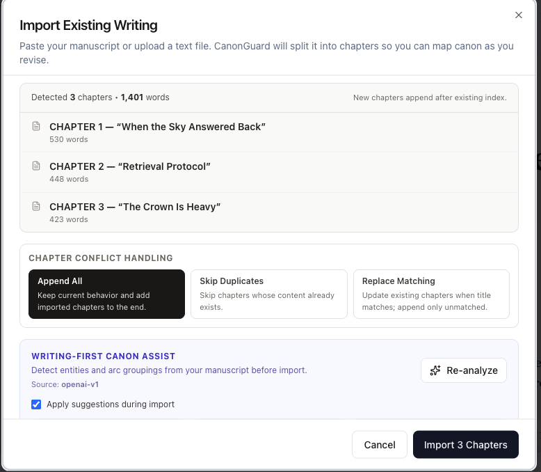 Import Existing Writing modal showing chapter detection and conflict handling before import.